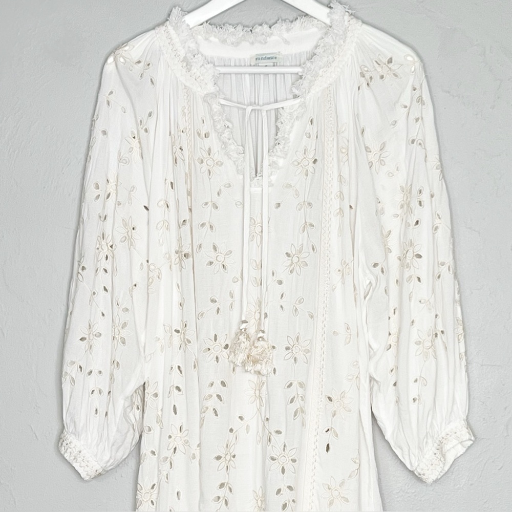 Sundance Trisha Eyelet White Fringe Trim V-Neck Tassel Tie CoverUp Dress Medium - Picture 3 of 11